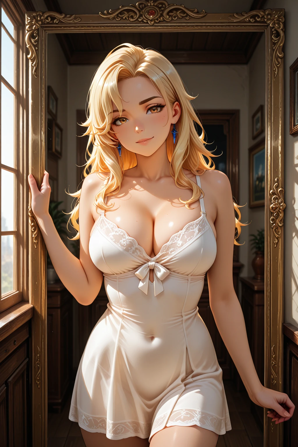 (best quality: 1.2), clean face, (masterpiece: 1.2, 8k) perfect anatomy, 1 girl) a beautiful fashion model ,(masterpiece, official art, best quality shiny hair, blonde hair with streaks in hair, full lips, big breasts, slutty outfit, cleavage, shiny breasts,shiny skin, looking at viewer, (slave dancer outfit), long abdomen, horizontal, lounging, a single girl