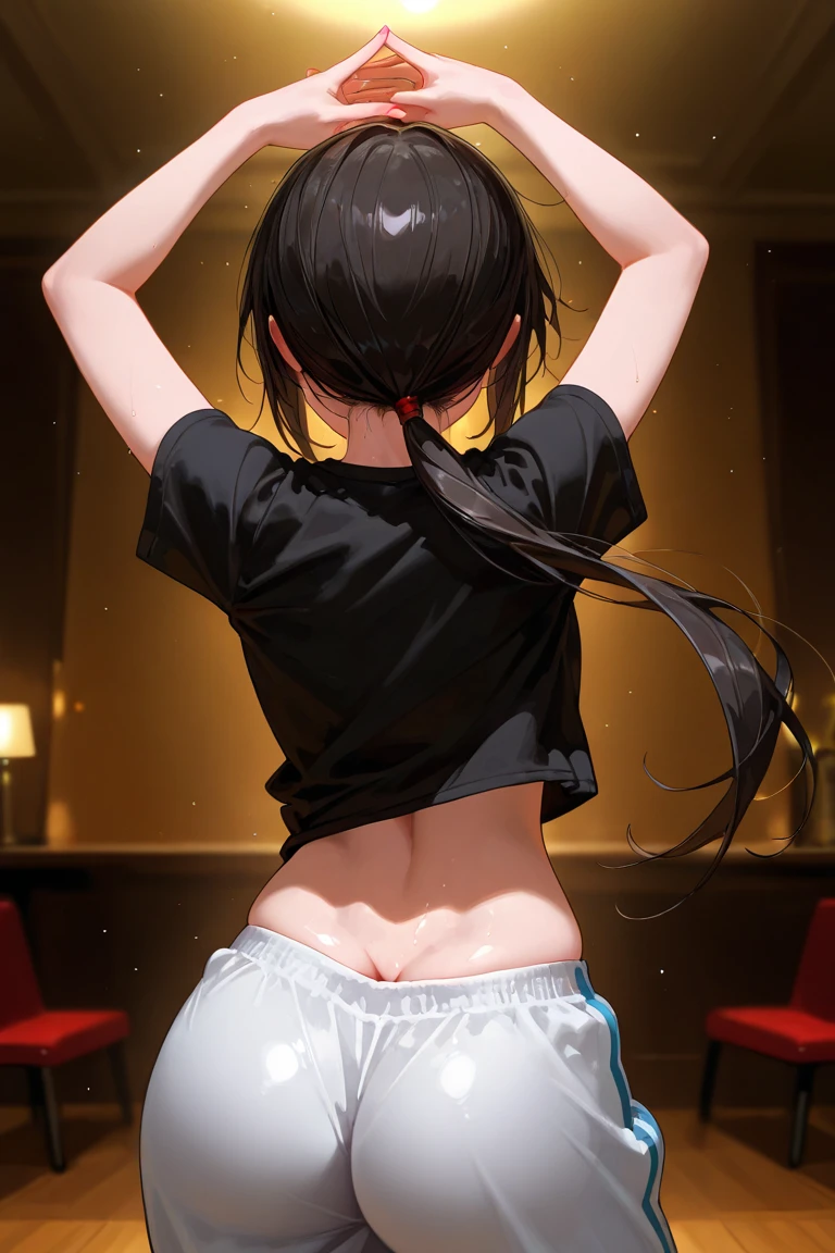 ((masterpiece, best quality, highres, UHD, perfect pixel, depth of field, 4k, RTX, HDR))), 1girl, single, solo, beautiful anime girl, beautiful artstyle, anime character, ((short hair, black hair :0.8)), ((detailed face, blushing:1.2)), 4K Wallpapaer, Ultra detailed, anime scenery, cyberpunk, anime girl, school girl, looking back, ponytail, tying hair, armpits, armpits crease, sweaty, sweaty armpits, underboobs, she is hot and very sweaty