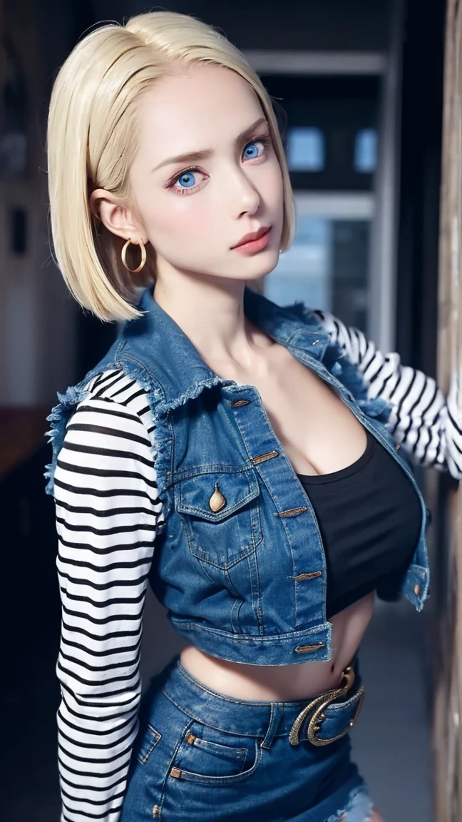 One person, alone, Android 18, Blonde, blue eyes, short hair, jewelry, Earrings, smile, Jacket, Look to the side, denim, denim Jacket, Upper Body, lingerie, Mouth closed, cloud, null, Day, avert your eyes, blue null, 1 collarb,