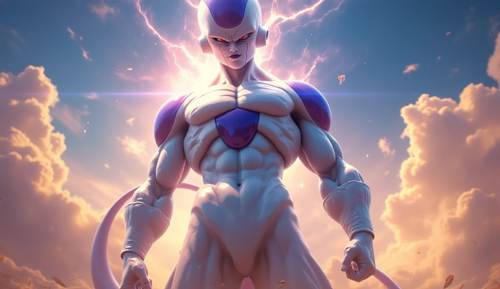 「Frieza、dragonball z、blood splashing、Final form、battleing、hit、Body blow、Dynamism、beautiful countenance、serious faces、pain々Right（accident）tail、Red Eyes、Perfect specs、de pele branca、fıt body、abdominals、musculature、Red armor、Expression of distress、Namek、Sun Wukong、2guys、clash。」