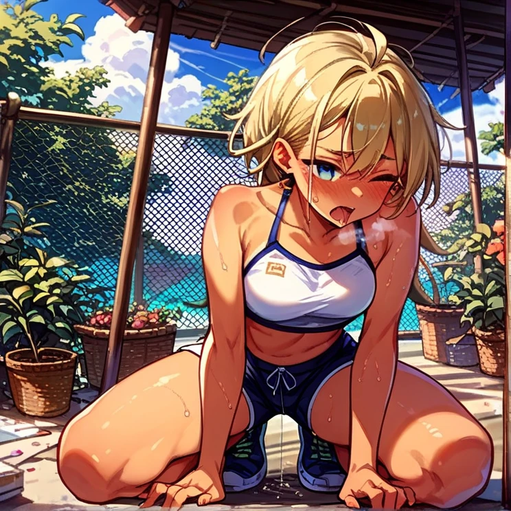 girl blonde short hair Swimwear handjob gesture Kneeling