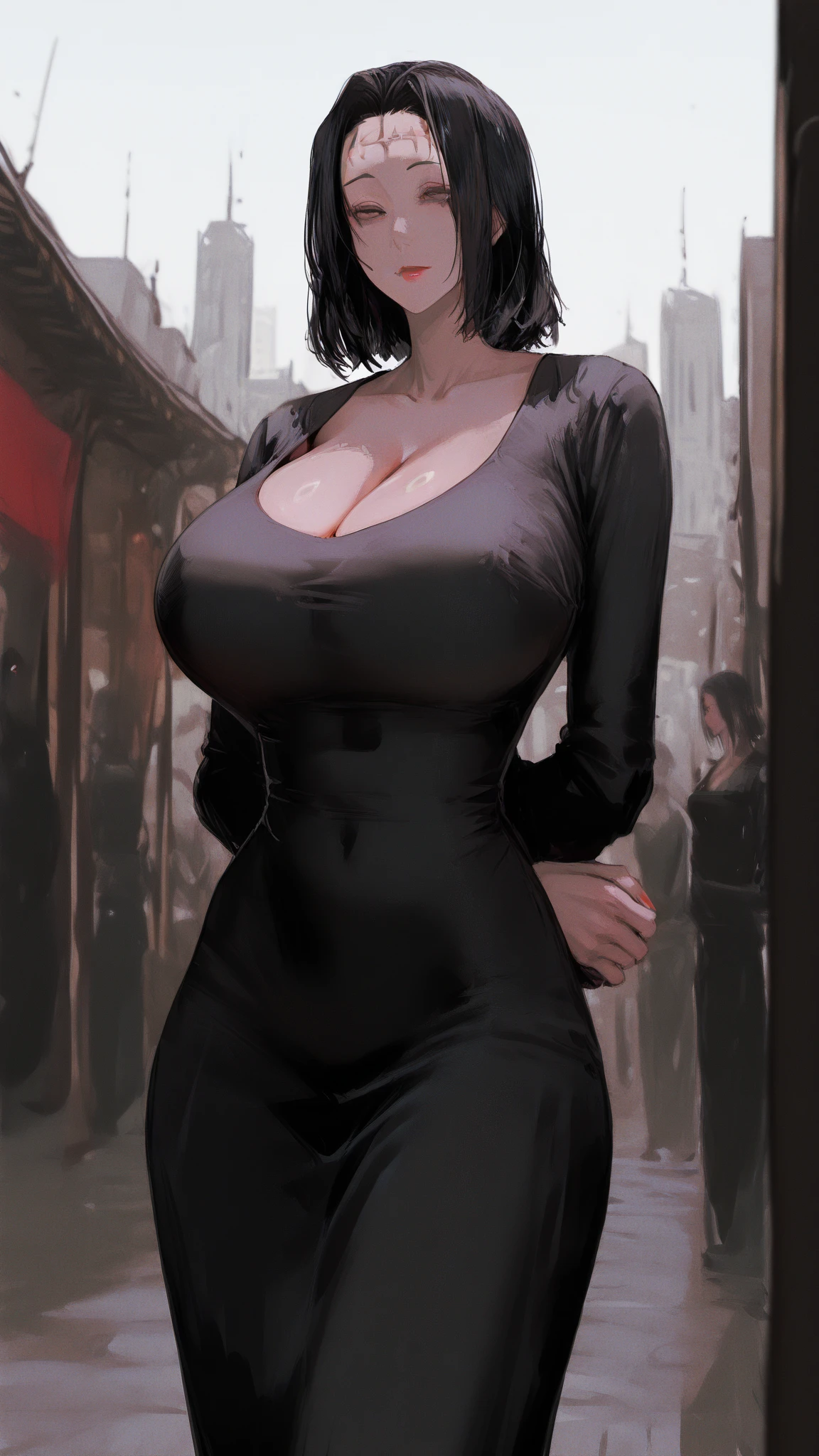 Masterpiece, highres, high quality, detailed face, render detailed body, 1 girl, solo, ema wattson, wearing lousy clothing, wearing revealing clothing, short, black bobcut hair, dark green eyes, white tanned skin, cleavage, large breasts, big chest, curvy figure, large butt, big butt, dark lips, no bra, standing, looking at viewer, ass in focus, add ass, hands on ass, add_detail:1