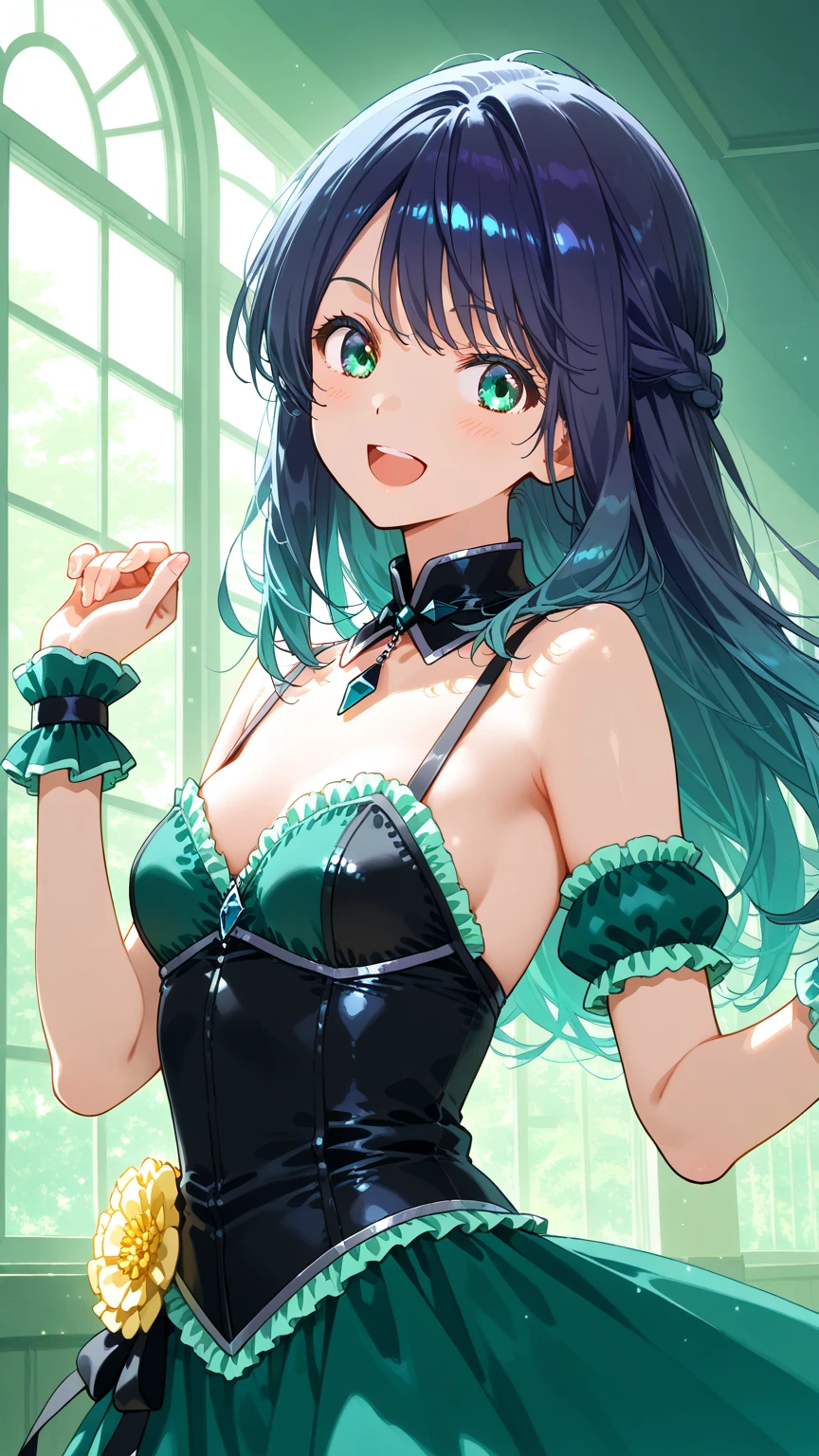 masterpiece,absurdres,1 lady,black hair,wavy hair,beautiful purple eyes,(hair over one eye:1.1),embarrassed,happy,BREAK,emerald green cheerleader skirt with black ruffled layers,(black lace-up corset top with silver buttons:1.1),emerald green choker with silver charm,black lace headdress,garter belt,green flower background,arms up,,BREAK,(nsfw:1.4),nipple,Focus on thighs
