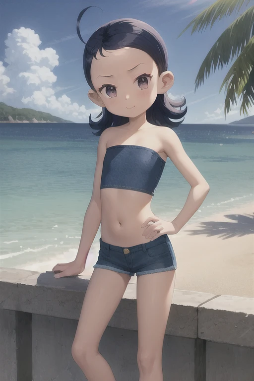 ((masterpiece)),((highest quality)),((High resolution)),((Anatomical)),((Realistic)),((Detailed Description)),((cute)),((((garden)))),(((1 little boy))),(((Shota))),(((neutral))),((8-year-old)),((Beautiful eyes)),(((ponytail))),((Baby Face)),((low length)),((Petite)),((slender)),((A big smile)),(((Tube top))),(((Denim high cut shorts))),(((sneakers))),(((Deep tan))),((Full body view)),((Looking up at the camera)),