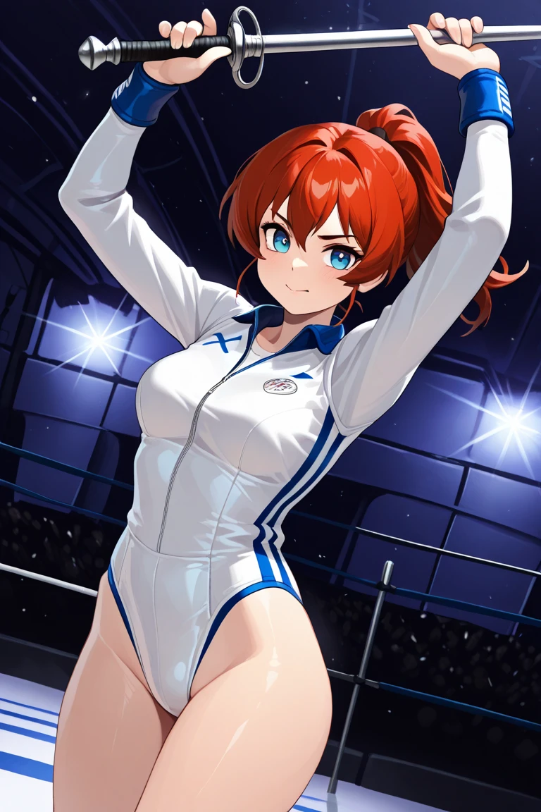 Nishikino maki love live,red hair, purple eyes, low twintails, slingshot swimsuit, White elbow gloves, glasses, red swimsuit, White thighhighs, standing,hip bones, covered nipples , sexy , pussy visible, wrestling ring