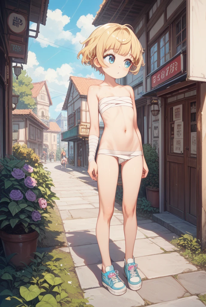 (masterpiece, high resolution,ultra - detailed:1.0), Young and beautiful girls, eye looking to camera, Perfect female body, Extremely detailed CG,Unity 8k wallpaper,Complicated details, Depth of field, Best quality, Cinematic lighting, Girls in the courtyard near the house, cute bow on head, (pubic hair), shy small smile, (FLATCHESTED:1.3)、flat chest, superflat chest, (one embarrassed girl naked: 1.3), one embarrassed girl naked and second girl in sundress, zero breast size, blunt bangs, red-haired girl with two long braids and the second girl is blonde with cute bow on ponytail, Shiny hair, Delicate beautiful face, White skin, Beautiful cloud, Dusk sky, rural girl and city gal, girl try clumsy seduces you, city girl makes fun of country girl