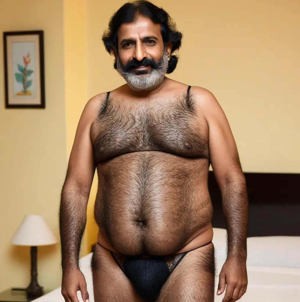 selfie, fat naked Indian man, old, in panties