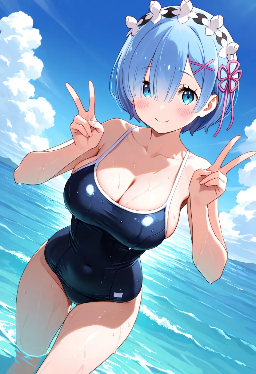 1girl, rabbit ears, animal ear fluff, ((animal ear fluff)), light blue hair, blue hair, very short hair, pixie cut, purple eyes, one eye closed, large breasts, thick thighs, hourglass figure, light smile, one-piece swimsuit, competition swimsuit, bare legs, mature female, beach, blue swimsuit, blue one-piece swimsuit, ((competition swimsuit)), (mature female)