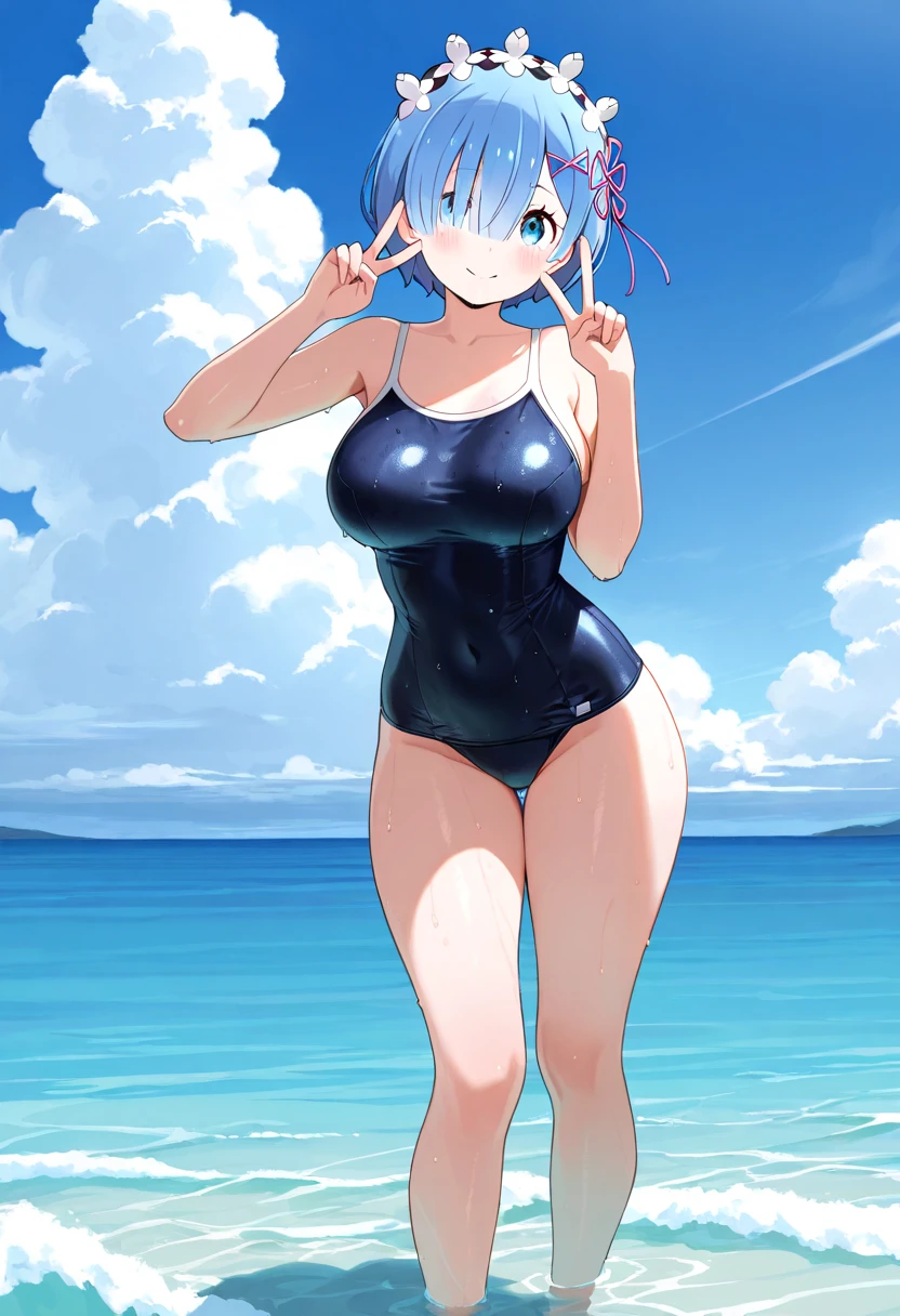 rezeroRem, Rem, blue eyes, Blue Hair, hair ornaments, Hair on one eye, hair ribbon, short hair, x hair ornaments,School Swimsuit,barefoot,Water Play,Wet Hair,Wet swimsuit,Wet Skin,True Summer,Clear skies,Daytime,smile,whole bodyがイラストに入るように,
break outdoors, Ocean,
break looking at viewer, whole body, (Cowboy Shot:1. 5),
break (masterpiece:1.2), Highest quality, High resolution, unity 8k wallpaper, (figure:0.8), (Beautiful attention to detail:1.6), extRemely detailed face, Perfect lighting, extRemely detailed CG, (Perfect hands, Perfect Anatomy),