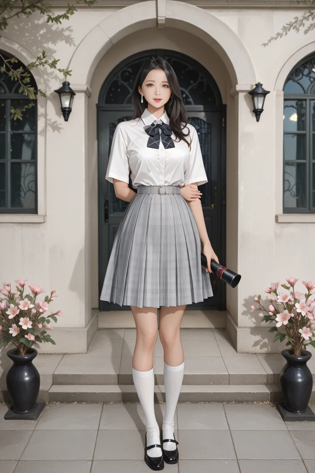 Woman standing alone in library, white floral blouse, dark blue bow tie, dark blue skirt with ruffles, wearing white silk ruffled socks, wearing pumps, white light background