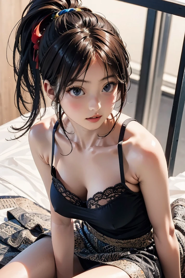 1girl, hyuga hinata in anime naruto, long hair, black hair, white eyes, smile, beautiful, detail clothes, Transparan organza sleeping wear, very big tits and ass, outdoor background, ultra detail, realistic, sexy pos, sleep pose, full body
