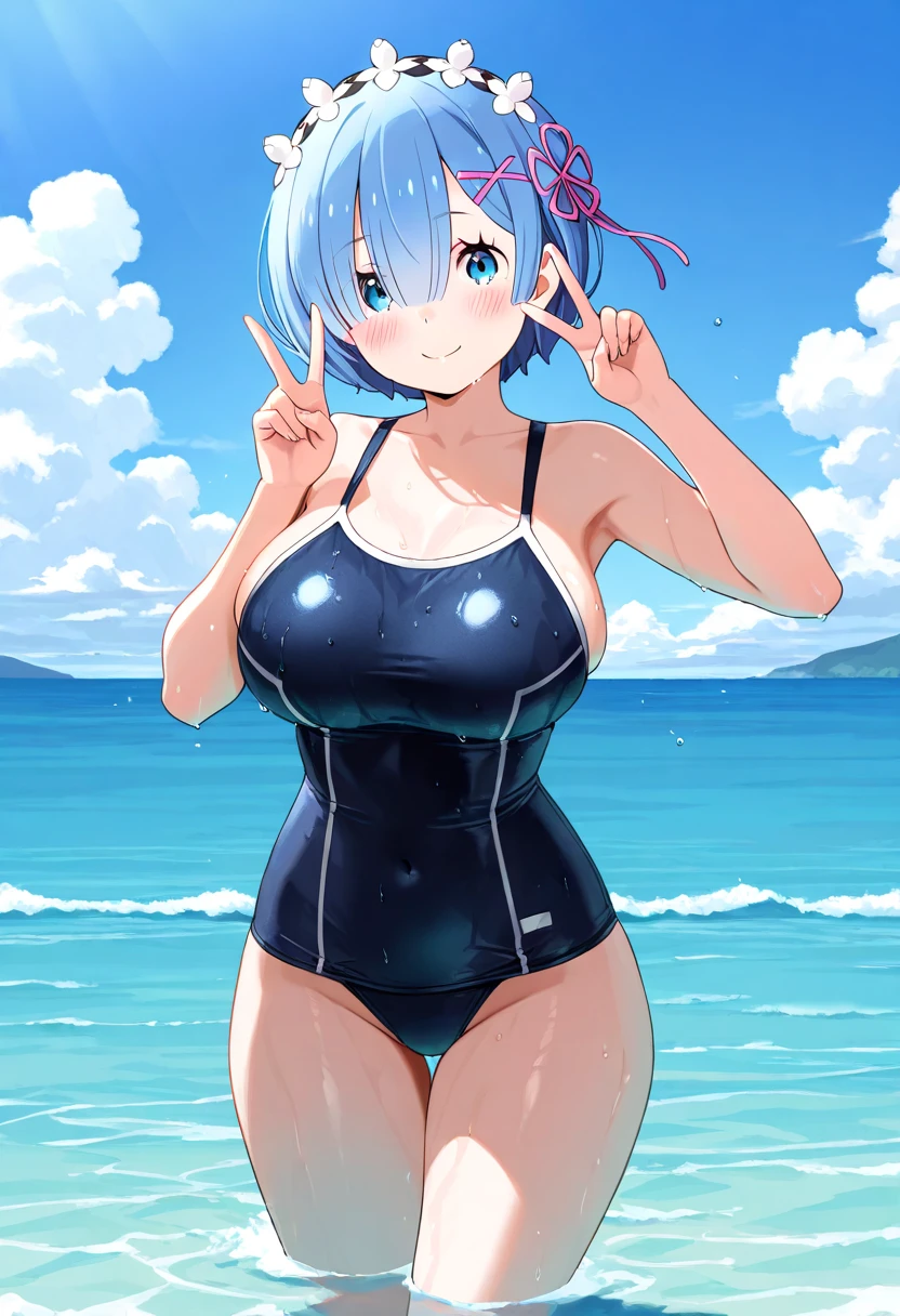 1girl, rabbit ears, animal ear fluff, (animal ear fluff), light blue hair, blue hair, very short hair, purple eyes, one eye closed, breasts, huge breasts, thick thighs, hourglass figure, light smile, one-piece swimsuit, competition swimsuit, bare legs, mature female, beach, blue swimsuit, blue one-piece swimsuit, ((competition swimsuit)), (mature female),