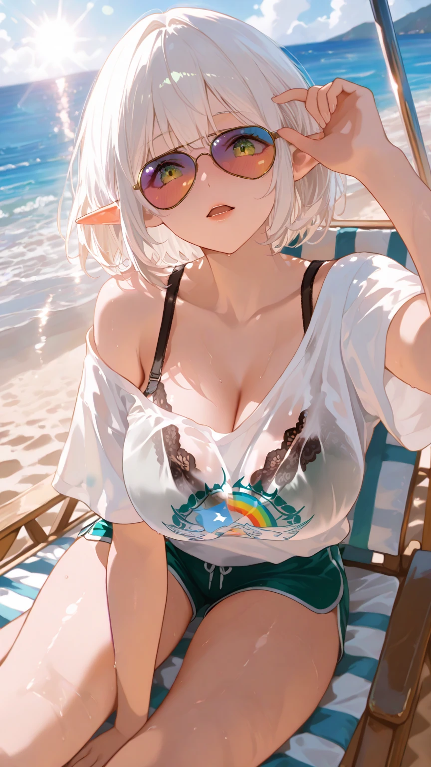 ((Masterpiece, Top Quality, Watercolor Art (Pendant), Official Art, Beautiful and Aesthetic: 1.2)), (Golden Ratio: 1.2), (Full Body: 1.2), (Super Detail: 1.3), (1 Girl: 1.3), (Fractal Art: 1.3), Full Body, (Glitter Pupil)), Pattern, (iridescent hair, colorful hair, half light blue and half pink hair: 1.2)), Colorful, (Glasses), writing, (heterochromia), (colorful: 1.5), ((swimsuit)), ((straw hat)), sea, sandy beach, sunny weather, (((shy face)), ((micro bikini)), (standing), (hyper detail), ((delicate detail)), (complex detail), ((cinematic light, highest quality backlight)), high contrast, ((best lighting, very delicate and beautiful)), (( Cinematic Light)), (Ray-Traced Reflection, Shine), (((Shining Aura)), (Shining Hair)), ((Super Detail)), ((8K)), ((Close-up)), (((Brown Skin))