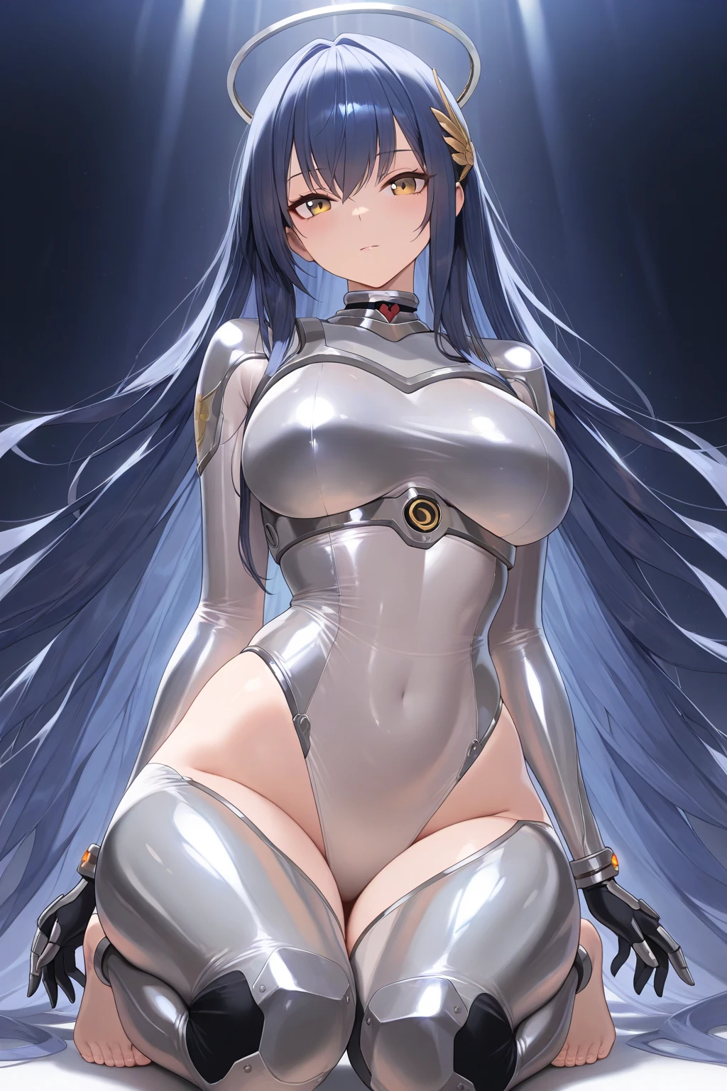 (cabello despeinado), (illustration), retrato, (fondo de ciudad futurista), (arms behind back), Cintura delgada, gran sonrisa, ojos detallados, abdominales fuertes, chica delgada, strong abs, muscle girl, front pose, big thighs, focus on face, big breast, large city background, blue hair, sailor uniform, skirt, sit on rock, detailed vagina, nude, heavy armor suit, mecha musume, mechanical parts, robot joints