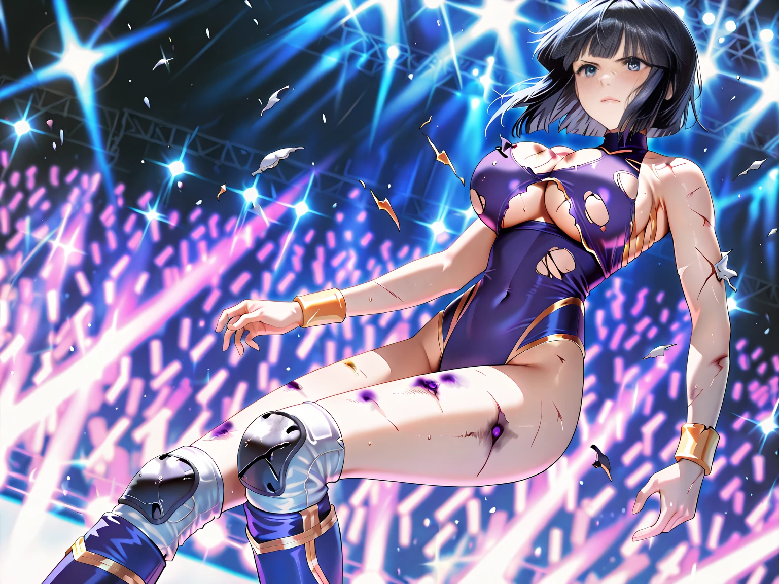 asagi,large breasts,erected nipples,long hair, ponytail,blue hair, hair between eyes, sidelocks, purple eyes, Soft tendril hair, wavy hair, (ultra mini aodai),(delicate embellishments, Complex beading, many jewelry,Sequin and embroidered dress),(no panties:1.2),undergarment,exposed bare shoulders, outdoors, stage, (fashion show:1.1),Many men are taking pictures,(highres, high quality:1.1), intricate details, cinematic lighting, 1girl,(cool),(metal collar),dynamic pose
