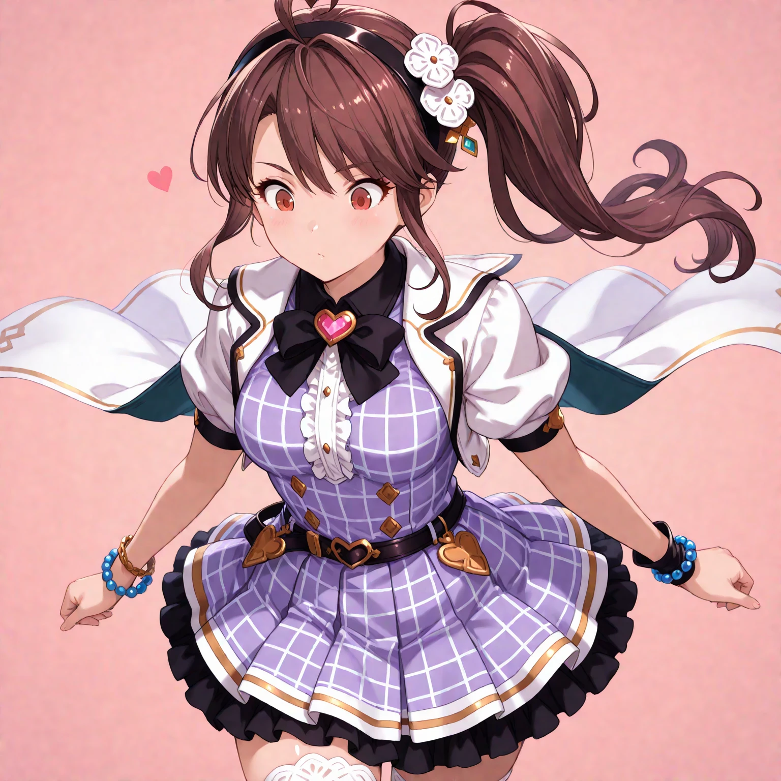 (ultra-detailed),Dhiantha \(granblue fantasy\),Dhiantha,granblue fantasy,gbf,heart,brown hair,bangs between eyes,long sidelocks,floating hair,hair ornament,,hairband,ahoge,brown eyes,Eyebrows visible through hair,eyelashes,eyebrows,narrow eyes,Sharp gaze,red eyes,very small eyes,tsurime, Pupil,Eyebrows visible through hair,eyelashes,very narrow eyes,Sharp gaze,looking down,jewels,jewelry,long hair,ahoge,side ponytail,bangs,bow,hair ornament,heart ahoge,puffy short sleeves,short sleeves,bead bracelet,bracelet,jewelry,short sleeves,checkered dress,white cape,jacket,black bow tie,black trim,purple dress,frills,black belt,skirt,thighhighs,zettai ryouiki,belt backle,miniskirt,skirt,miniskirt,pleated skirt,layered skirt,frilled skirt,petticort,pannier,knee high boots,white legwear,microphone,medium breasts,(masterpiece),(best quality),high score,highres,incredibly absurdres,anime screencap,pastel colors,anime,shiny skin,Balanced upper and lower body structure,,((sfw)),
(1girl,solo,There is no one else,no background,head shot,face focus),