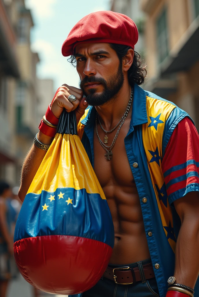 Strong, hairy, bearded young mixed race man, with the hips covered by a bath towel with the Nicaraguan flag printed on it, in front of a red and black bank branch with a sign written in capital letters “BANCO RIBEIRO”, on top of the revolving door.