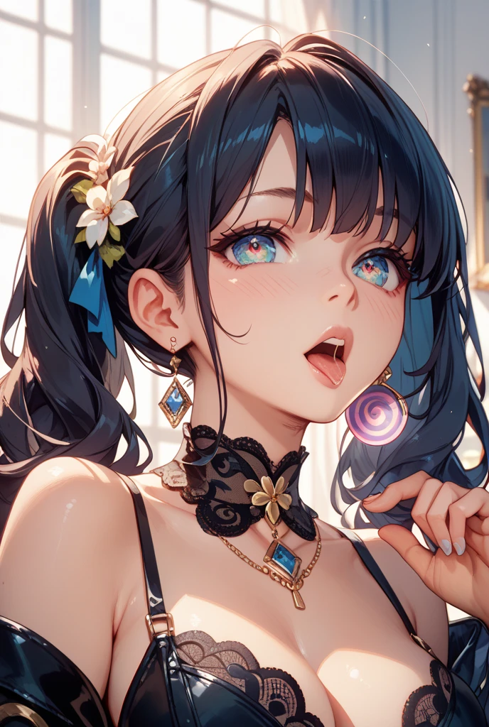 ((best quality)), ((masterpiece)), (detailed), 完美Body，best quality, masterpiece, High resolution, 1 Girl,blush,(Charming smile:0.8),Star-shaped pupil,Dress,Hair accessories,necklace, Jewelry,Pretty Face,Above_Body, ，Full breasts，Complete，Tyndall effect,Reality, Dark Studio, Edge lighting, Two-tone lighting,(High Detail Skin:1.2), 8K uhd, Digital SLR Camera,Wide Angle， soft light, high quality, Volumetric Lighting, frank, photo, high resolution, 4k, 8K, Bokeh,huge ,Wide hips,(National Foundation:0.6),