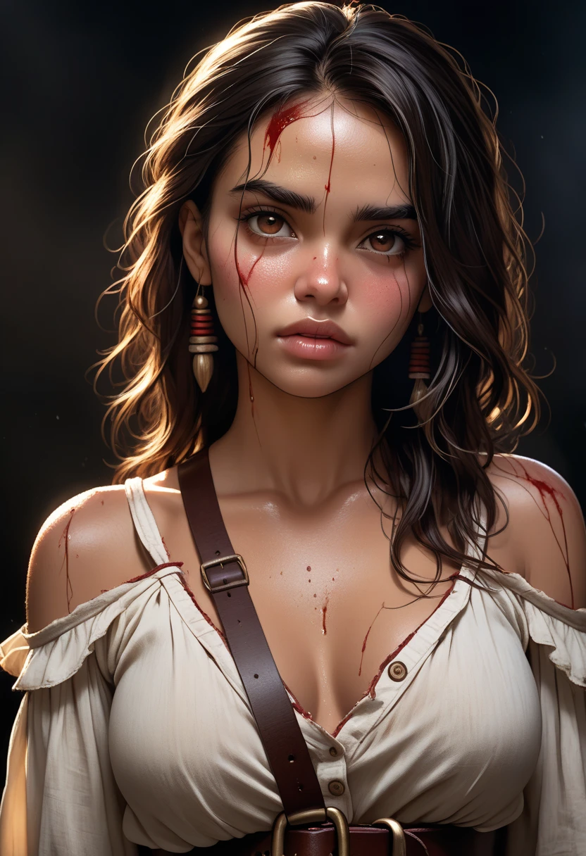 A woman with a shawl with dull eyes, blood flowing from her eyes, a slightly open mouth, tattered clothes and blood behind it, endless darkness behind it, extremely terrifying