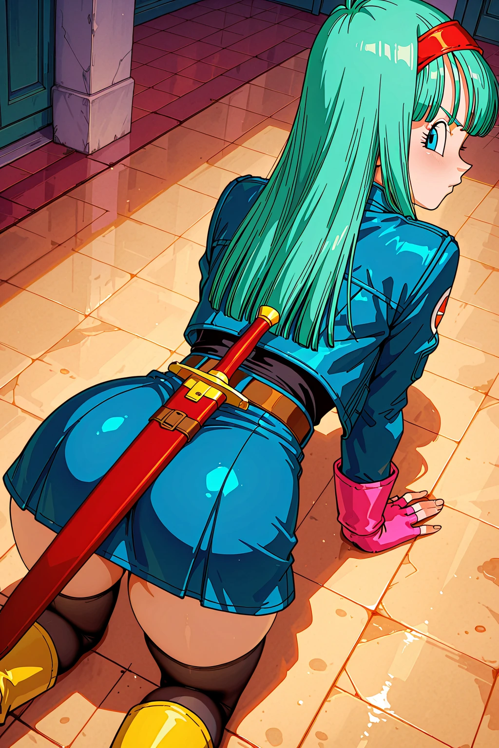 Bulma without clothes , naked, nude , very dirty namek saga, 1 girl, Alone, old, from behind looking at the viewer, smile, short hair, blue eyes, shackles, , carita de rubor black shackles, aquamarine hair. with the anus open