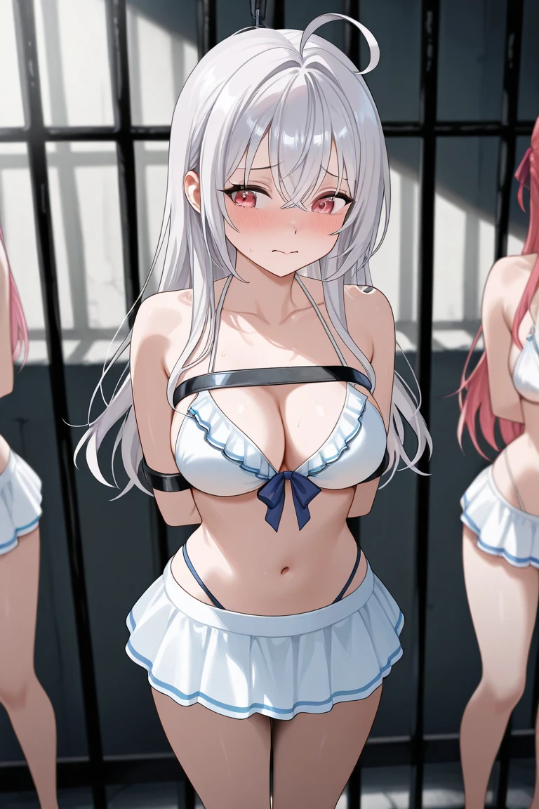 (Highest picture quality), (Master's work), (detailed face description), (8K wallpaper), beautiful illustration, best quality, cute loli girl, bedroom, pastel color, petite, silver long hair, bright lighting, closed eyes, open mouth, hair ribbon, (( in underwear white lingerie, bra, funtoys, _toy, vibrator under panties, funtoys in pantie, egg vibrator: 1.1, vibrator harness, strap)), (thighvibe, vibrators in thighhighondage, bdsm, ((leather belt bondage, belt bondage)), arms behind back, lewd expression, (collar, viewer holding leash, chain leash)