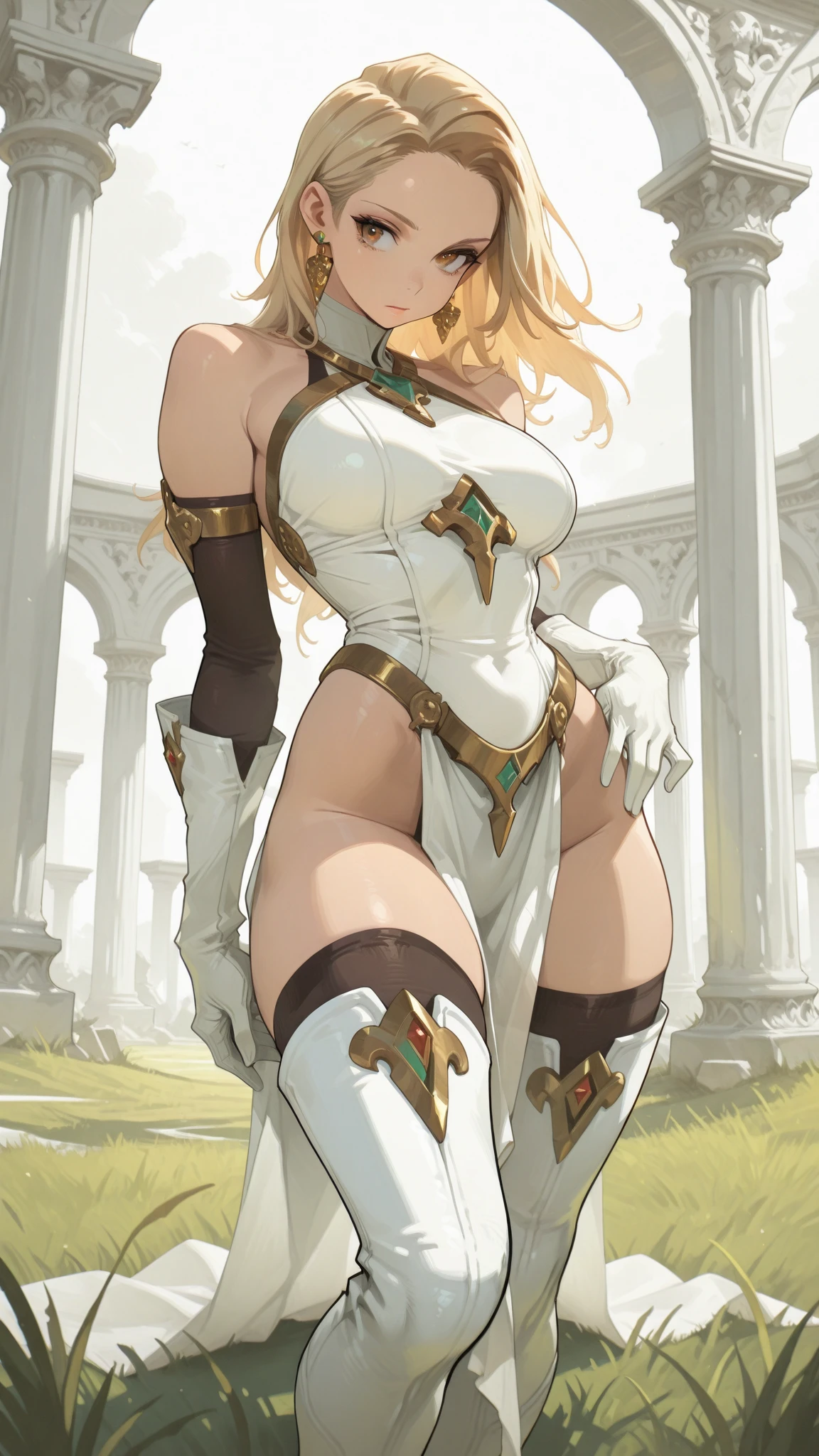 (masterpiece, best quality), (full body:1.6), standing (small fighting elven 1girl:1.6),(magical),(cute,adorable:1.3),blonde hair, green eyes, medium breast, beautiful, detailed, enchanted breastplate with precious gemstones, white thigh-high greaves, seductive pose, in a forest, magic flora, detailed face and eyes, volumetric light,(ultra quality skin:1.7)