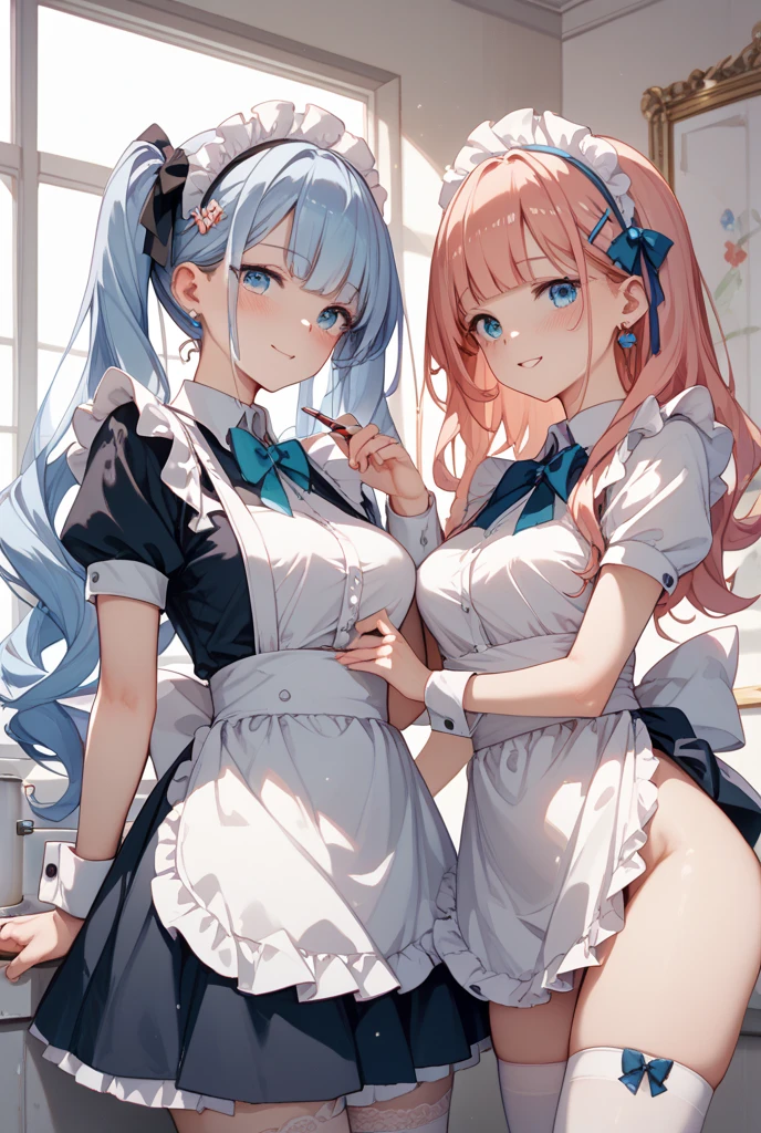 highest quality, masterpiece, ((2 girls:1.5)), ((smile:1.3)), (blush:1.3), Black Shirt, blouse, ((fun!!)), (Small breasts), Blonde, (Long sleeve), ((White apron:1.5)), ((Maid)), ((hair ornaments)), Kamimei, look at me, ((in house:1.5)), Taking a break from watching the audience, Cowboy Shot, (skirtlift:1.3), (Highly detailed pink striped panties:1.3), (Highly detailed panties:1.3), (skirt that rolls up:1.3), (Panties fully exposed:1.5), Light blue eyes, long hair, Glowing Eyes