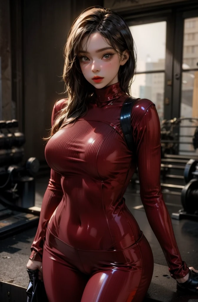 skin completely covered by clothing, high detail, Perfect body with golden ratio, wearing (tight shirt:1.2), beautiful detailed face, hazel eyes, (attractive fitness woman:1.3), (seductive:1.1), (blushing:1.1), hourglass body shape, complete shiny swimsuit red latex bodysuit, very big round breasts