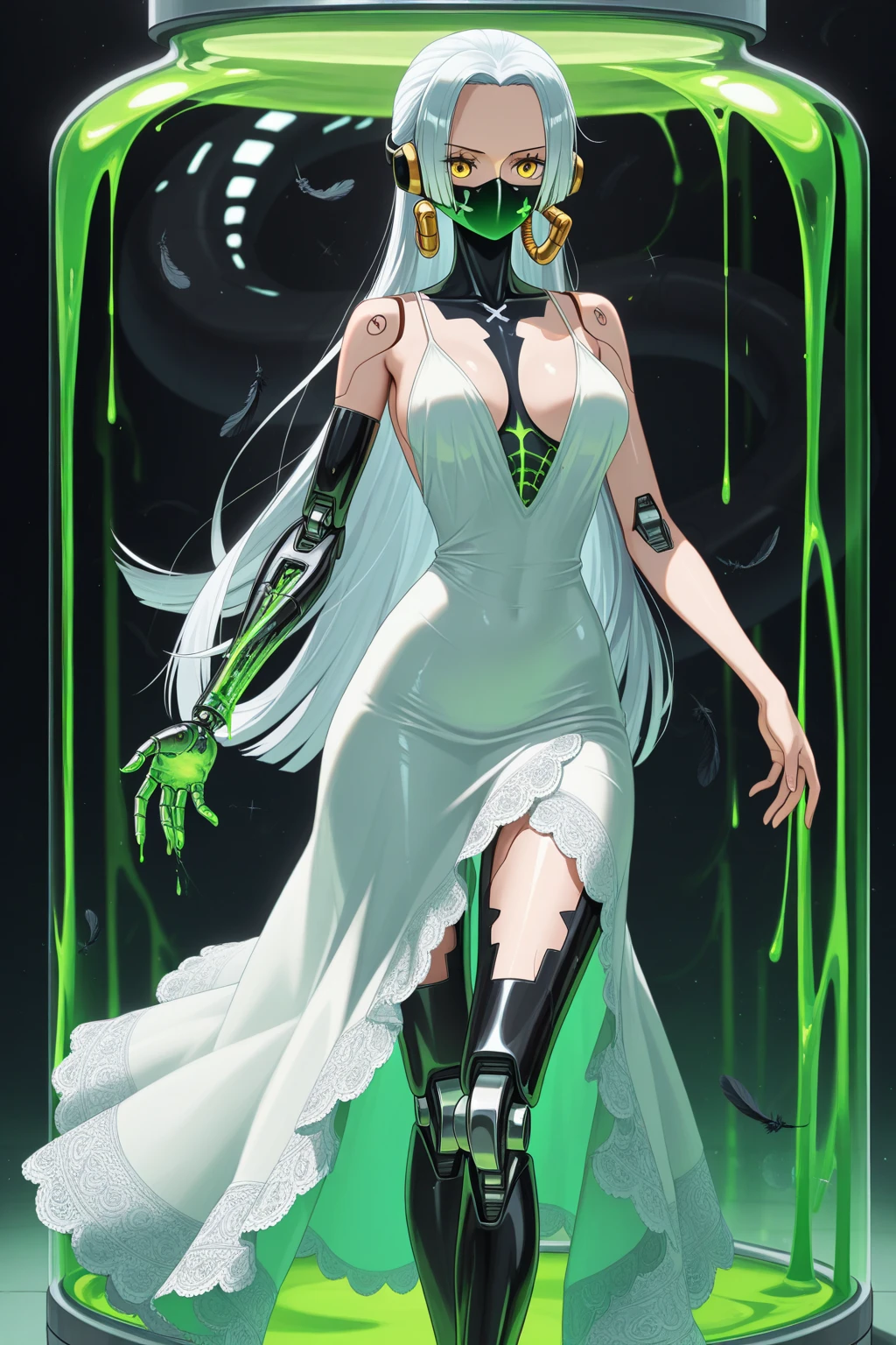 Description:
Verdantia is a captivating female character whose appearance is as mesmerizing as her mysterious nature. Her vibrant green slime body glistens under the light, with a texture that seems both liquid and solid, constantly shifting and undulating. Despite her unconventional form, there's an undeniable allure about her, drawing others in with an irresistible fascination.

Clothing Style:
Verdantia adorns herself in clothing that accentuates her unique features without revealing too much. She prefers a style that balances elegance with a hint of mystique. She often wears flowing garments that trail behind her, adding to her ethereal presence. Her attire consists of ensembles that are both fashionable and functional, allowing her to move gracefully through any environment.

Clothing Colors:
Verdantia's wardrobe predominantly features shades that complement her green slime form. She favors colors such as white, which contrasts beautifully with her verdant hue, accentuating her otherworldly appearance. Additionally, she occasionally incorporates touches of green, brown, or black into her attire, adding depth and sophistication to her ensemble , as a   slime , girl