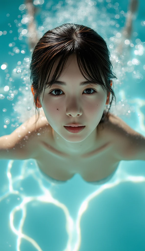 One girl, beautiful, Great face and eyes, (Very detailedbeautiful顔), blonde, (Sexiest Looks), (A lacy shirt with a wide open neckline:1.2), (Highest quality:1.4), (Super detailed), (Very detailed CG 統合 8k 壁紙), Very detailed, RAW Photos, Professional photography, (Swimming underwater, diving in the Pool:1.2), (Pool), Light of the sun, sunny day, bubble, (Underwater View:1.3),European,Blonde,whole body,
