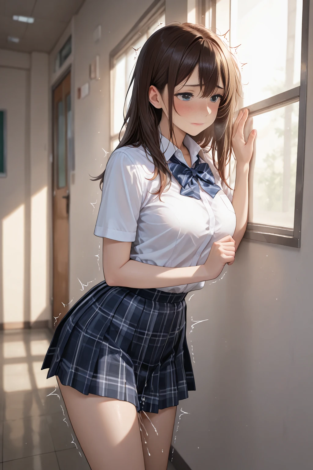 (masterpiece, best quality,ultra-detailed),nsfw,(cute and beautiful girl),collared short sleeve shirt, white shirt, school uniform, grey plaid pleated skirt, blue plaid bow tie,(skirt lift:1.4),BREAK,(white panties:1.2),(panty shot),BREAK,black hair,stand,cowboy shot,from below,shy smile