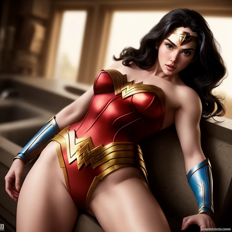 (sexy wonderwoman costume:1.4), wrist gauntlets, wrist gauntlets, knee-high gladiator sandals, red boots, bullet-deflecting cuffs, crown-shaped earrings, thigh-high stockings, highly intricate, highly detailed, over the shoulder, long shot, ravishing 28 year old (german:1.3) woman with honey skin color and a athletic body, (auburn tints hair:1.5), (textured bob hair style:1.2), (fake massive boobs:1.3), slim waist, (perfect round ass and hips:1.2), sfw, sexy outfit, gold eye color, black pupils, focused eyes, opening mouth wide, (charcoal grey lipstick:0.4), arched lips, angular lines nose, curved lines eyebrows, dramatic mauve upperlash eyeshadow and eyeliner, no earrings, no tattoos, 8k, perfectionism, masterpiece, rim lighting, vibrant colors, sitting cross-legged, sitting down, perfect face, upper body, cleavage, breast focus, skin pores, intricate skin texture, realistic skin, detailed eyes, sharp pupils, realistic pupils, (facing forward:1.2), in a bed