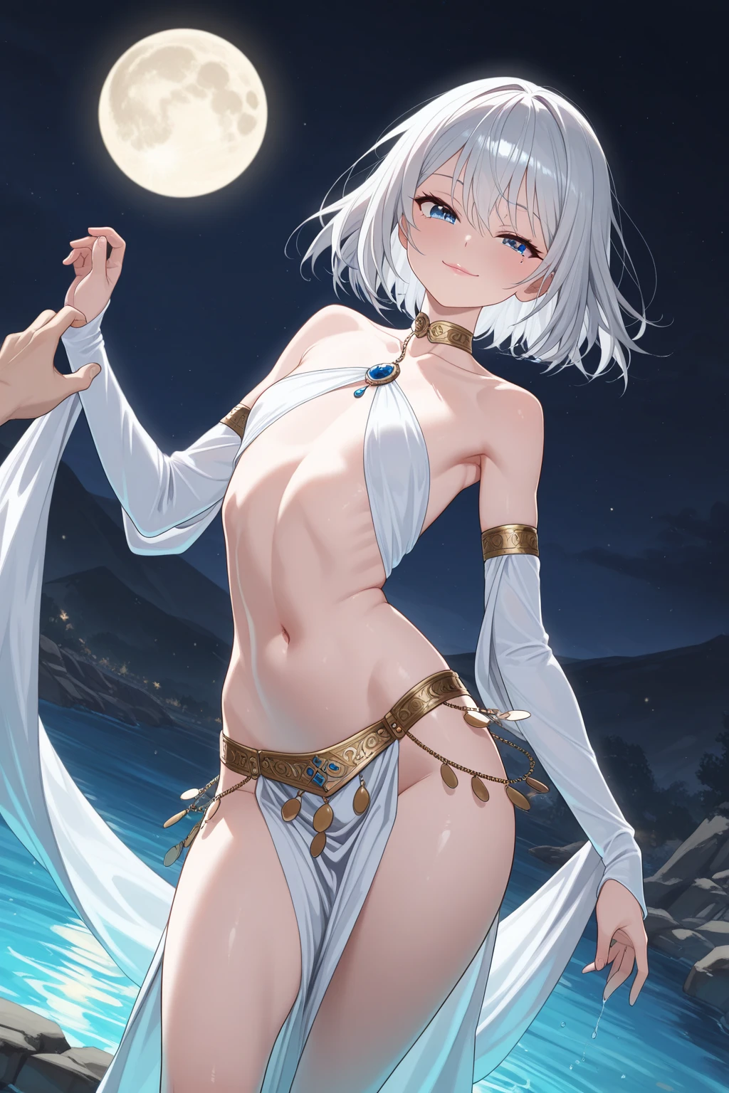 ((kinako (shiratama mochi) style)), colorful eyes, soft style, masterpiece, solo, 1 girl, topless, large nipples, nipples, white sarong, harem outfit, semi transparent skirt, beautiful art, vibrant, flat chests, desert, tent, platinum blonde hair, dancing, different poses, narrow waist, slender legs, hairband, jewely, necklace, bracelet, white mouth veil, veil, headdress, navel, thigh strap, abstract, night, moonlight, light hair, waist pouch, blue eyes, high angle shot, top view, black eyeliner, sparkling, winking, side view, arched back, flexible body, serene face, soft eyes, relaxed, calm, smiling, bonfire, enchanted, thin, ribcage