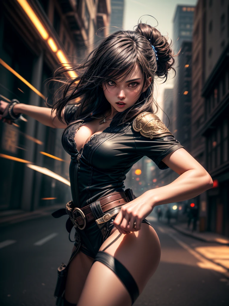 (((At night, ((very dark sunset sky)), (((1girl, solo))), a western woman, photo realistic, large-breast:1.2 slim body, cleavage, off tube top, short pleated miniskirt, standing on rooftop, (matrix style black sunglasses), (((aiming towards viewer with a short:0.8 pistol))), half-body thigh level medium:1.2 shot))). In the background, simple aerial view of a sci-fi futuristic city, (((flying vehicle speeding towards viewer))).