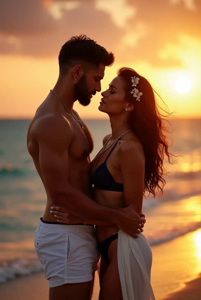 Interracial couple,white man, chris evans,tall muscular and Hot Indian woman,45 year old,sexy dress, background is beach