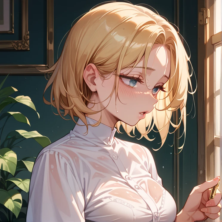 masterpiece、Highest quality、Very detailed、An illustration、Beautiful attention to detail、One Girl、cute、Detailed landscape、Bar Background、Blonde Hair、Bob Hair、((C cup breasts, Long sleeve shirt:1.3, Niscart)),
