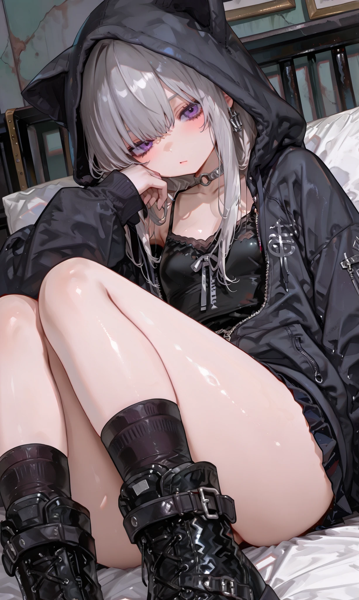 highest quality,cute、With a smile、peace、Inside the hotel、Sitting、 black and White hoodie、Red and black hoodie、White hoodie、Black platform boots、Black platform boots、Perfect Fingers、 Big Breasts,3✕3の目、black eye、white hair、