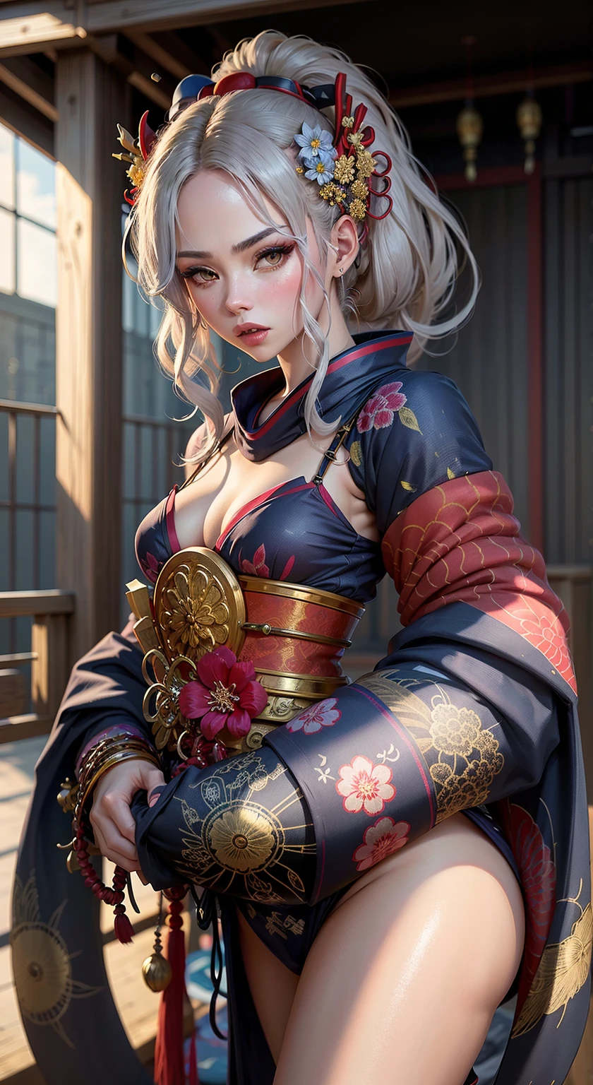 arafed woman in a kimono with flowers on her head,big chest, beautiful digital artwork, beautiful digital illustration, beautiful digital painting, gorgeous digital painting, anime girl render, smooth anime cg art, beautiful digital art, great digital art.