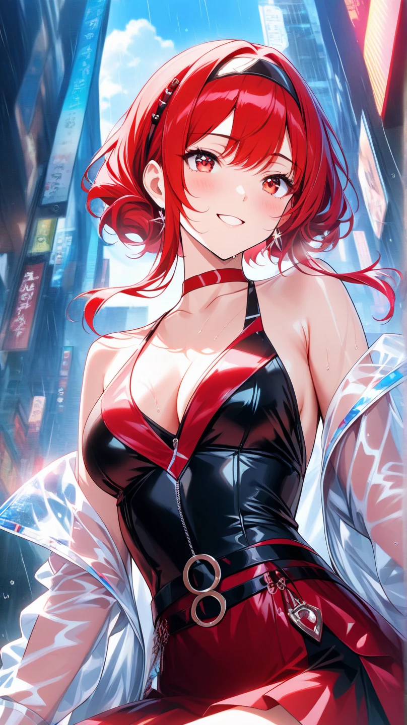 Anime illustration、highest quality、Fantasy、Alice in Wonderland、A dark-skinned, voluptuous female knight、Red Hair English Garden、Xenoblade Chronicles 2、Homura、Big Breasts、Thick legs、Beautiful, shining eyes、smile、Noise Reduction