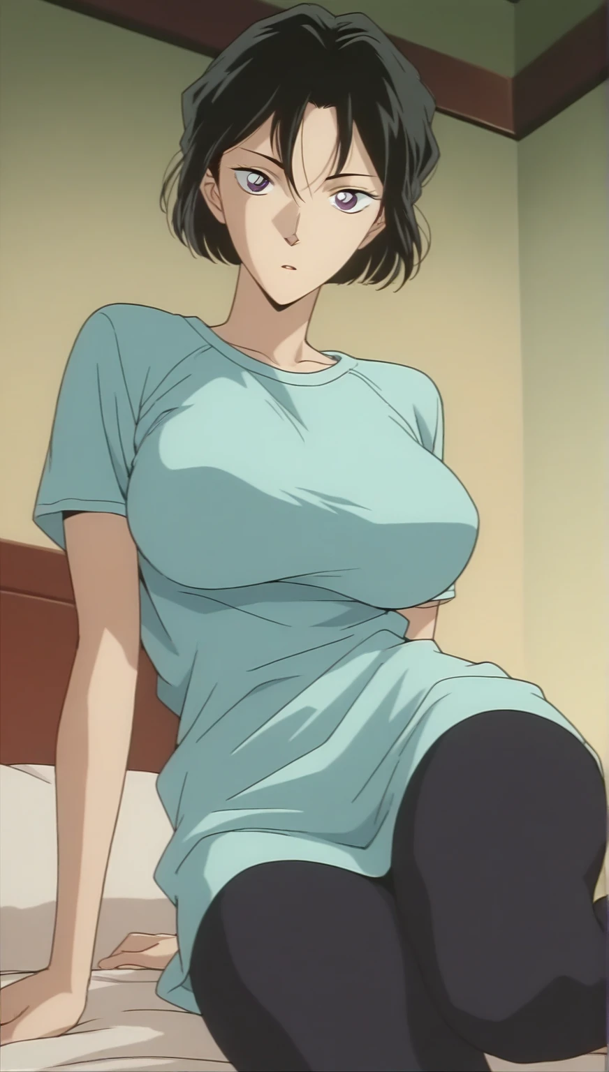 masterpiece, highest quality, High resolution, One Girl, alone, alone, short hair, etsukoto, fine grain, fine grain, (((Thick thighs, Plump thighs, Voluptuous thighs, Thighs are enough))), Big and ample breasts, Cleavage, Huge long breasts, Naughty big,((Big breasts are important))、((Naughty thighs)), L Cup, (thin:1.4),(Tight waist:1.4), (Perfect beautiful yellow dress:1.4), ((white waist apron)), Embarrassed look, White panties, (((Simple Background))), ((Wide Hips)), Shiny, Oily skin, Mature mother, Calf, Seductive mature woman, Perfect body, Plus Size Model, etsukoto, blush, clavicle, retro artstyle, 1990s (style), (squatting, legs slip, open legs), bent over, from side,