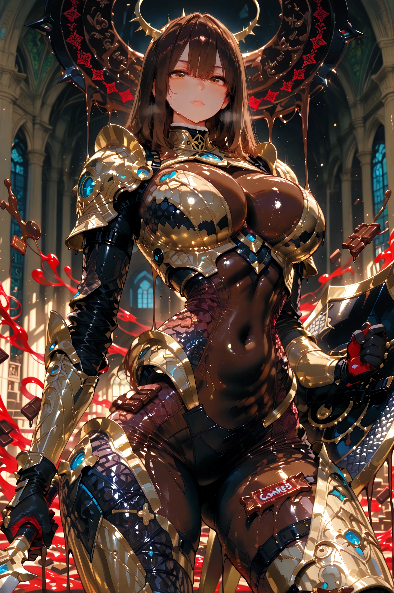 red translucent armor,Arm mecha,Short golden hair,Long ponytail hairstyle,Large Breasts,Cleavage,Pistol hanging from waist,fighter pilot,fighter hangar,Sexy,Lipstick,Miss,Golden Eyes,stockings,Short skirt