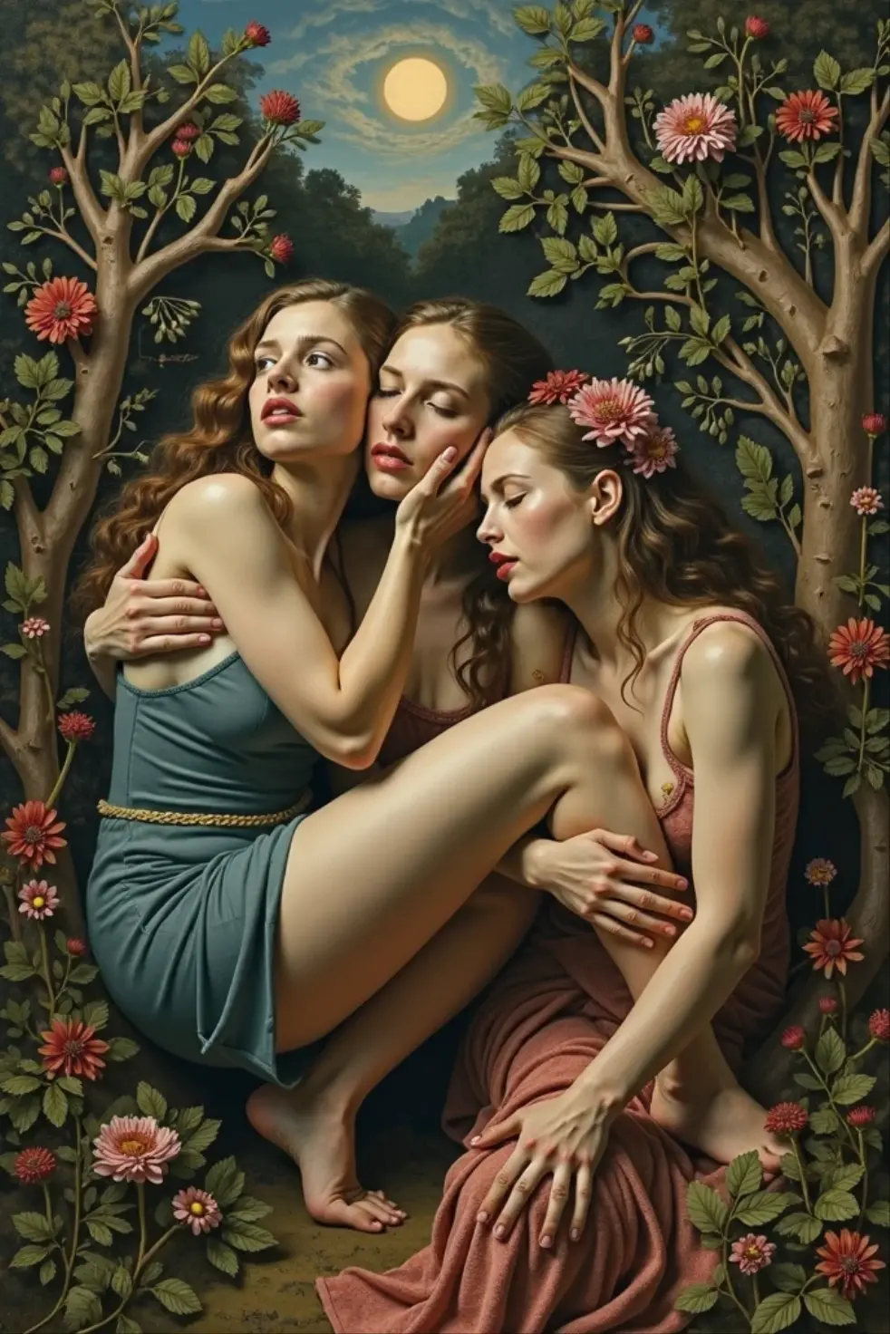 three naked women are standing in a stream of water in the background you can see the forest in front there are many flowers, triad of muses on their heads have crowns of flowers, by Alexandre Cabanel, inspired by Théodore Chasseriau, inspired by Alexandre Cabanel, in a high Renaissance style, In a Renaissance style, beautiful painting of voluptuous naked friends, The three destinations, by Théodore Chasseriau, ledmund leighton