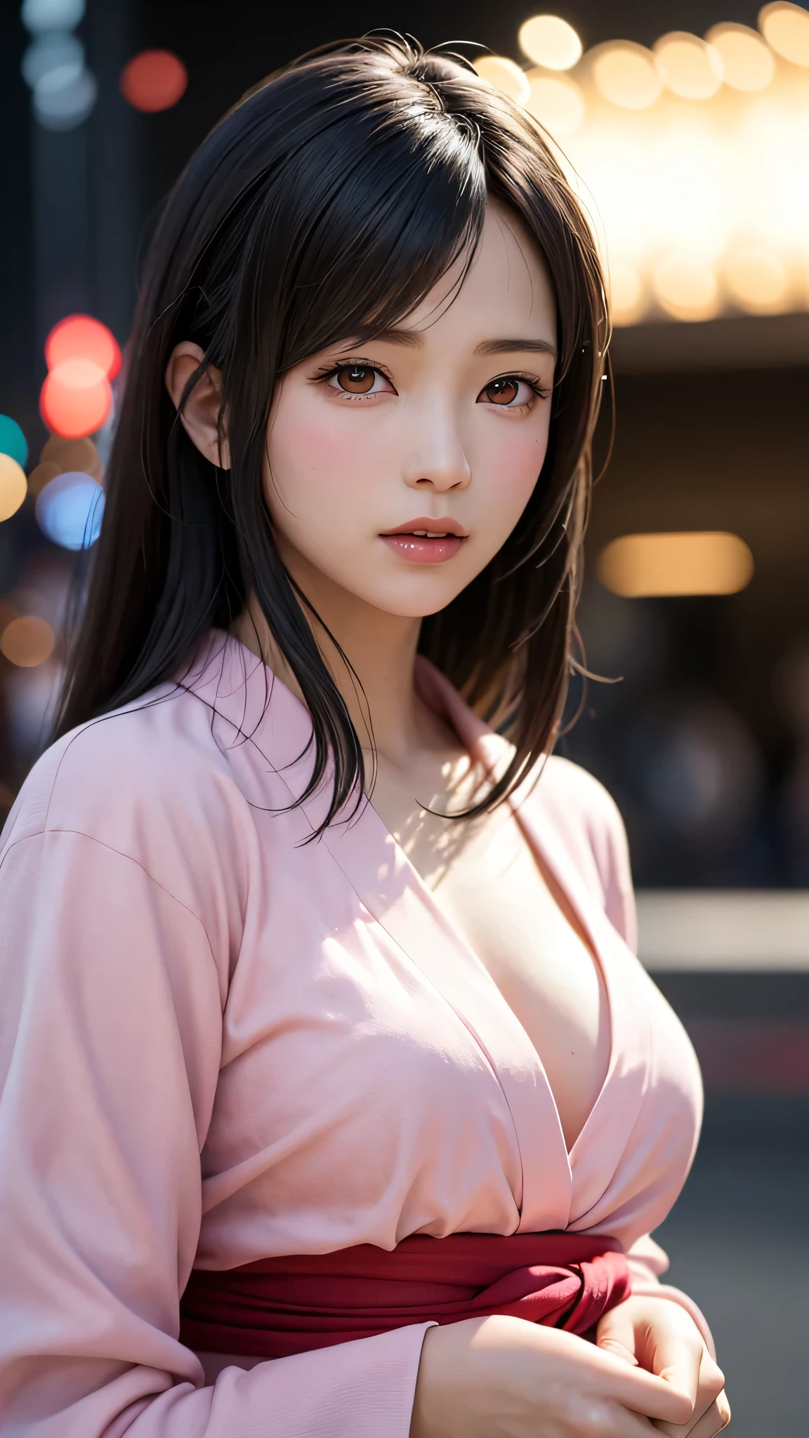 1 girl, dull bangs, Braid, wide sleeve, hair ornaments, kimono, red obi, (black hair:1.2), very long hair, straight hair, looking at the viewer, highly detailed background, (photo-realistic:1.2), fine eyes, red eyeshadow, Depth of the bounds written,thigh, (Ulzzang-6500:0.7), Upper body, (alone:1.2), (Deserted Cyberpunk City:1.1), cleavage,shiny skin、masterpiece, 最high quality, high quality, High resolution,