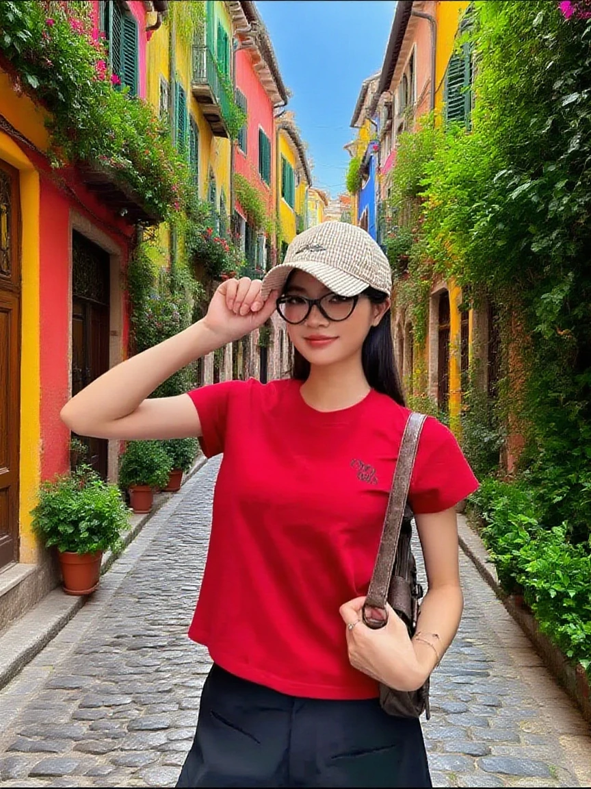 Taiju Gorge Pickaxe Explorer Red T-shirt, 25 Year Old Short Hair Youth, Indian Face, jeans, Big Lake Absurdity Big Sky Vast Nature