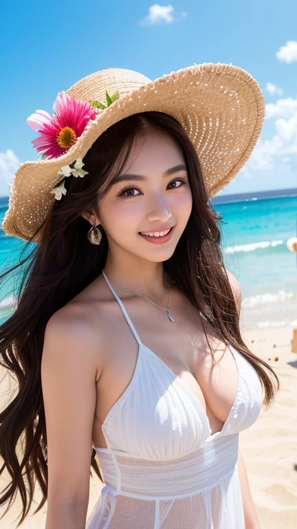white bikini、Floral decoration、medium breasts、valley、A beautiful woman with a sense of transparency、cute、smile、upper body up、blue sky in the background、Angle from below