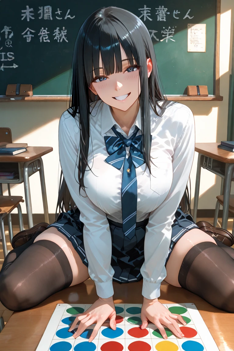high school girl、Dressed in high 、School classroom、(Big Breasts)、((solo))、smirk,Cheek resting on hand、Crossing legs