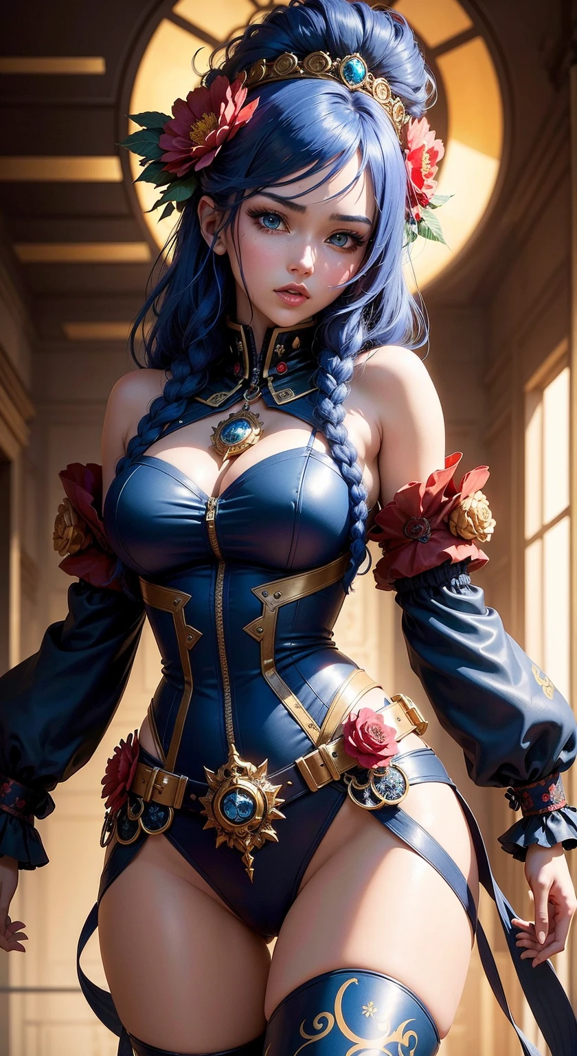 (best quality,4k,8k,highres,masterpiece:1.2),ultra-detailed,(realistic,photorealistic,photo-realistic:1.37),knitted clothes,1_solo girl,blue hair,gold eyes,swordman,beautiful detailed eyes,beautiful detailed lips,long eyelashes,brave expression, powerful pose,sparkling sword,gorgeous sunset background,vibrant colors,dramatic lighting, sitting