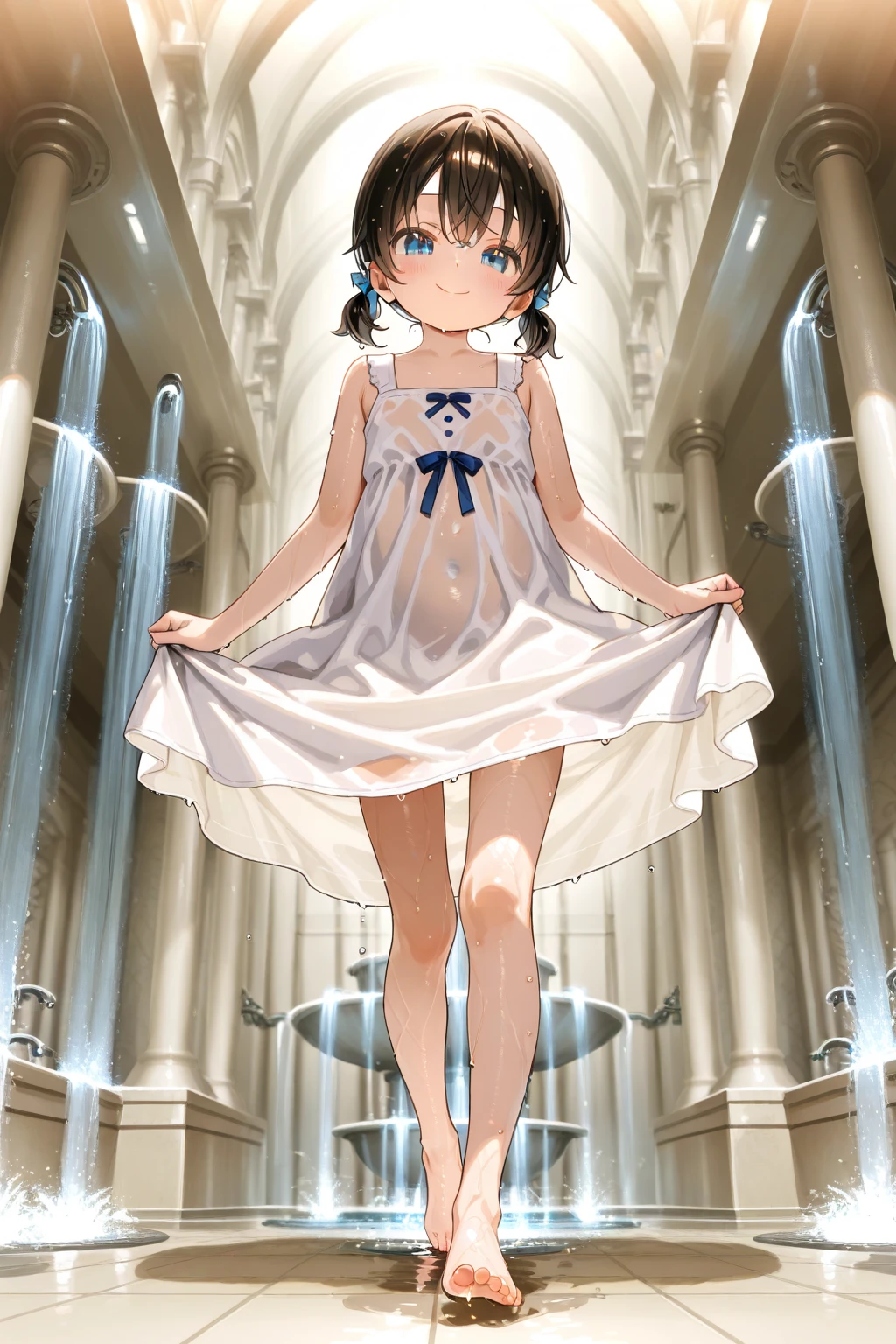 best quality,masterpiece,1girl,solo,(((9years old))),japanese girl,an extremely cute and beautiful girl,highly detailed beautiful face and eyes,petit,cute face,lovely face,baby face,shy smile,show teeth,black hair,medium short hair,flat chest, Hairless pussy, nipples sticking out on the dress, no bra, no panties,skinny,slender,(((wearing a very wet white transparent short ballerina dress))),(((standing in an European castle))),she is looking at the viewer,(((lift dress about the waist))),(((legs spreading wide)))