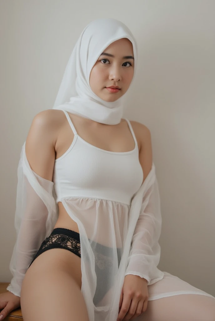 a girl wearing black hijab at home.. wearing white long sleeves oversize crop top... wearing g string underwear only.. no pants.. she was standing straight.. her hands above her head.. soft stomach.. less lighting