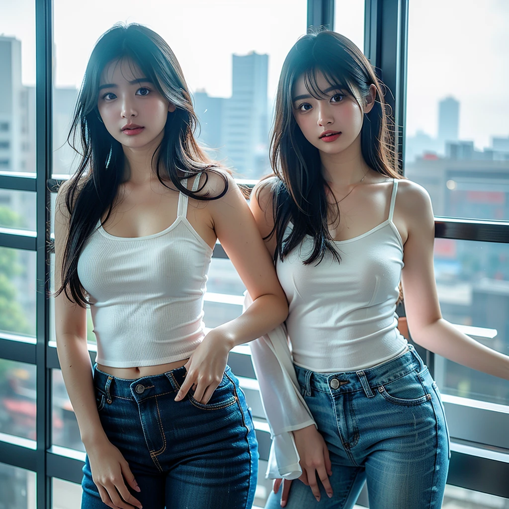 Highest image quality、8K quality、masterpiece、professional writing、（Two big breasted women are standing：1.3）、（Super big breasts compressed with clothes：1.5）、Whitening skin、Shining blue eyes、（A tight pure white shirt that completely covers her huge breasts:1.4)、Crimson Ribbon Tie、Amazingly short super mini pleated tartan check skirt、(The upper body is hidden by the shirt and no skin is visible.:1.5)、(slim waist:1.2)、above the knee、Skirtliftv1、(Beautiful butt:1.5)、(Straight front composition:1.3)